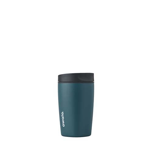 Owala SmoothSip Slider Insulated Stainless Steel Coffee Tumbler, Reusable Iced Coffee Cup, Hot Coffee Travel Mug, BPA Free 355ml, Grey/Blue (High Dive)