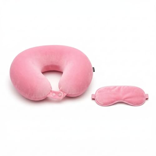Image of Pink Travel Neck Pillow with Button Closure & Eye Mask Set | Soft Fiber Filled U-Shape Head & Neck Support Cushion for Airplane, Car & Office Use | Button Closure (Pink)