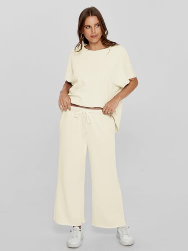 Glamaker Women's Two Piece Travel Lounge Outfits Matching Sets Crew Neck Pullover Tops Wide Leg Pants Airplane Outfits4