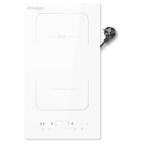 Cooksir Plaque à Induction Blanch 2 Feux, Plaque de Cuisson Induction Encastrable 30CM avec Prise, Zone Flexible, 3500W, Curseur Tactile, Verrouillage de...