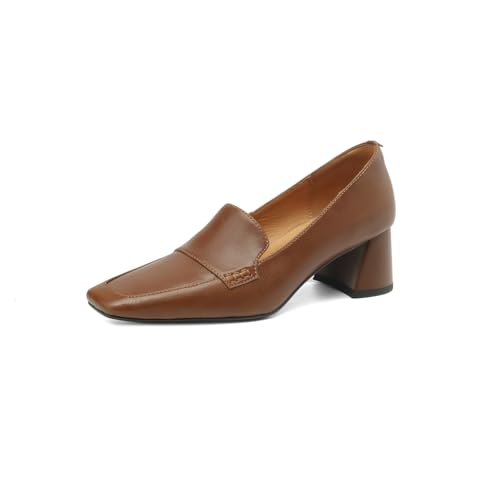 Image of TinaCus Women's Square Toe Genuine Leather Handmade Chunky Heels Slip-on Casual Loafers Shoes