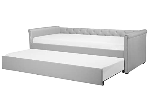 Modern Fabric EU Small Single Trundle Bed Frame Buttoned 2ft6 Light Grey Libourne