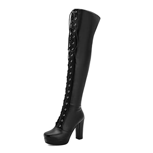 QZPM Damen Overknee Plateau Stiefel Mode PU Leder Mit Zipper Gothic Punk-Stil Lace Up Halblange Stiefel,Schwarz,39 EU Cover