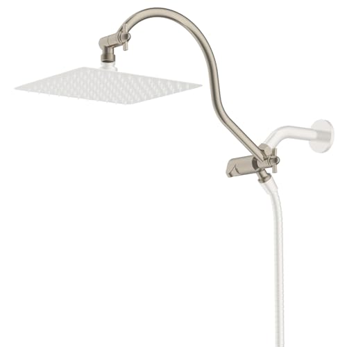 Hibbent All Metal 12 Inch Brass Adjustable Shower Head Extension Arm with Shower Arm Diverter Valve, G 1/2 3-Way Bathroom Universal Shower System Replacement Part, Shower Arm Extender, Brush