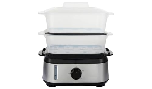 Dual Tier Electric Food Steamer with Timer, Stainless Steel for Fish, Rice & Healthy Cooking, Dishwasher Safe Bowls, 800W