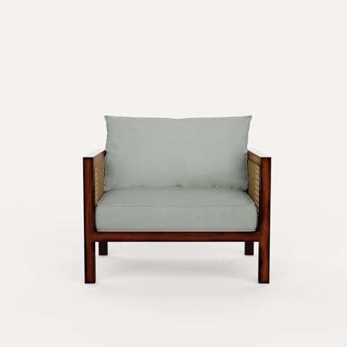 Image of OCTANGLE Sheesham Wood Rattan 1 Seater Sofa for Livingroom - Wooden Sofa Set for Home with White Cushion - Handcrafted Livingroom Sofa Furniture (Honey Finish)