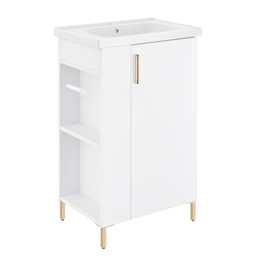 phiestina 20 Inch White Pre-Assembled Small Bathroom Vanity Cabinet with Ceramic Sink Soft-Close Door Left Side Storage Space-Saving Design No Faucet BV05-20-WHITE-PLUS