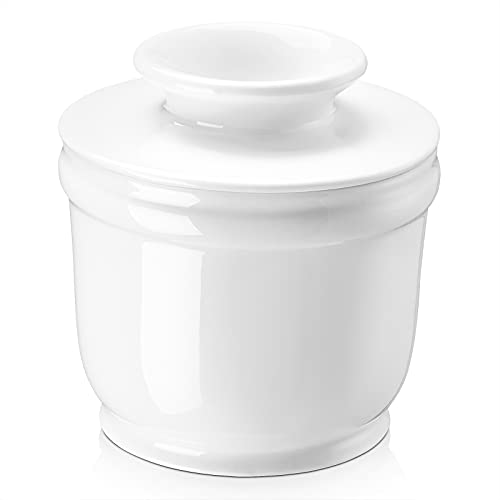 DOWAN Butter Crock, Butter Keeper with Water Line, French Butter Dish for Soft Fresh Butter, Butter Container with Lid, Ceramic Butter Crock, No More Hard Butter, White