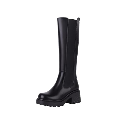 vivianly Women's Knee High Boots Chunky Block Heel Elastic Lug Sole Boots Stretch Riding Boots with Round Toe and Side Zipper Platform Boots Size 11 Black