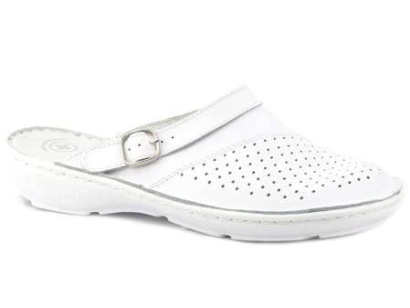 Zapatillas Sanitarias Mujer con Parte Superior Calada Cerrada Tira Ajustable Suela Flexible Ligeras Cómodas Blanco Talla 41