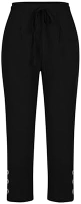 Summer Cotton Linen Capri Pants for Women High Waist Drawstring Straight Leg Capris Casual Beach Cropped Lounge Pant Black — view 4