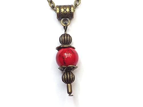 Collana con pendente in stile vintage da donna in turchese rosso ricostituito montato su una catena di bronzo antico