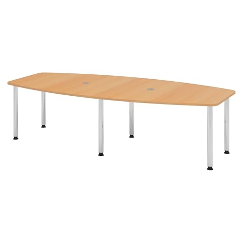 Bümö Konferenztisch oval 280x130 cm großer Besprechungstisch in Buche, Besprechungstisch mit Chromfüßen, Meetingtisch für 10 Personen, XXL-Tisch für Besprechungsraum & Meeting
