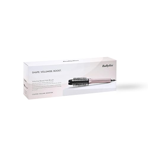 BaByliss Brosse Chauffante Volume Boost – Brosse chauffante bouclante avec cylindre de 38 mm, Ionique anti-frisottis, 4 réglages de température, Multi-voltage, Rose/Noir, HSB200E