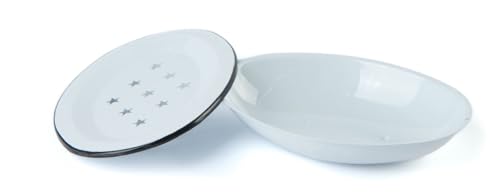 Vintage Enamel Soap Dish with Drip Tray | White with Black | Farmhouse Style Bathroom Bowl | Oval 5.5 x 4 inch