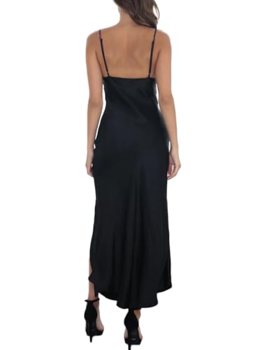 Image of Summer Satin V Neck Silp Midi Dress for Women Wedding Guest 2026 Sexy Spaghetti Strap Backless Long Dresses with Slit | Silk,Spaghetti Strap,Sleeveless,Sexy,Long,Split,Cocktail,Bridesmaid,Slip,Open Back,Birthday,Elegant,Vacation,Gift,Black