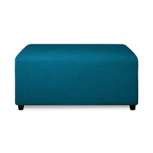 Image of PureFit Stretch Rectangle Ottoman Cover Footstool Cover, Peacock Blue | Fleece Soft Form Fit Ottoman Slipcovers Rectangle Slipcover for Folding Storage with Nonslip Elastic Bottom