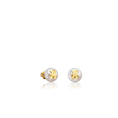 TOUS Pendientes de Oro de 18kt para Mujer con Perla Cultivada 8,5mm y Motivo de Oso en Oro, con Cierre de Presión, Elegante y atemporal, Colección Icon Pearl