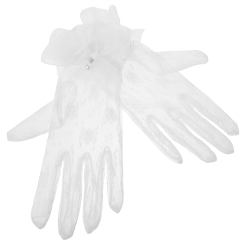 Unomor White Lace Fashion Gloves with Bow and Pearl Detail, Vintage Lolita Lace Wrist for Women, Elegant Tea Party and Formal Evening Accessories