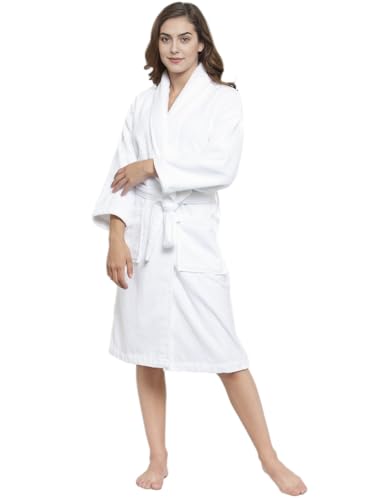 Image of Double Side Terry Cotton Bathrobe, White, Knee Length, Women's Loungewear with Pockets