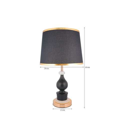 Image of Black and Gold Decorative Table Lamp with Crystal Glass & Fabric Shade | 48 cm Height, Inbuilt Base LED, Bulb Included