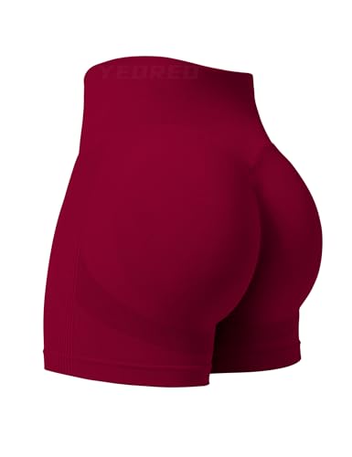 YEOREO Professional Women Workout Shorts 3.6" Scrunch Biker Shorts Wine Red