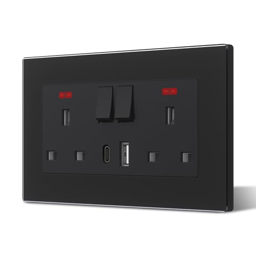 BSEED Double Plug Socket with USB C and USB A,Glass Switched Socket,UK Standard Electric Power Sockets,13A Wall Socket,Save Space,2 Gang,146mm Black