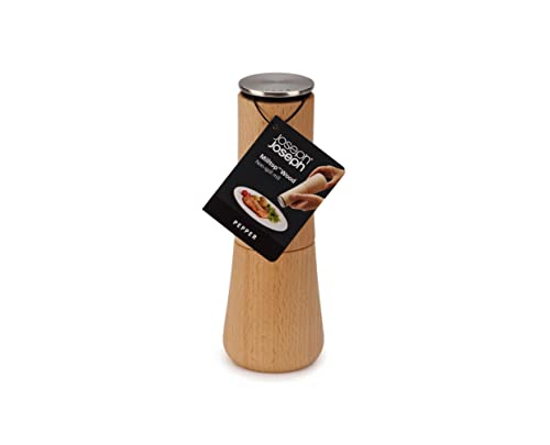 Joseph Joseph Milltop Non Spill Pepper Mill, Refillable with Ceramic Grinding Mechanism, Beech Wood