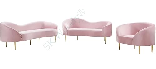 Image of Rosewood Luxury Curved Sofa in Premium Velvet-Fabric | Solid Wood Structure | High Density Foam | Sturdy Golden Legs | Comfortable & Stylish Couch for Modern Living Room (Pink, 1 Seater)