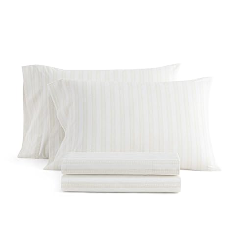 Image of Martha Stewart - Full Size Sheets Set, Crisp & Tailored Cooling Sheets with a Smooth Cotton Percale Lightweight Feel - Bed Sheets with Matching Pillowcases & Fitted Sheet (Francesca Stripe Beige)
