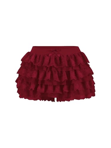 Image of Women Y2K Lace Multi-Layered Bloomers Lolita Ruffle Shorts Cute Mini Skirt | Tiered layers, elastic waist, pumpkin pants, for rave party /country concert /festival