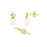 MINOPLATA Juego infantil flor Pendientes y Anillo de Plata dorada con Perlas Cultivadas y Circonitas