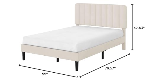 Image of VECELO Full Size Bed Frame with Upholstered Headboard, Velvet Platform Bedframe Mattress Foundation, Strong Wood Slat Support, No Box Spring Needed,Velvet Beige