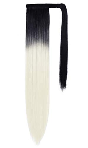 SEIKEA Clip in Ponytail Extension Wrap Around Straight Hair for Women (28", Black & Bleach Blonde)