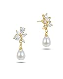 HANLI Gold Pearl Earrings for Women-S925 Sterling Silver Dainty Pearl Drop Simple Wedding CZ Dangle Dangling Cute Stud Earrings for Brides Earrings for Women Gifts