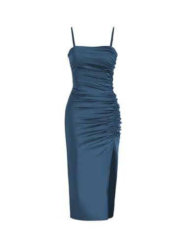 CIDER Solid Satin Ruched Split Midi Cami Dress