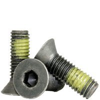 3/8"-16 x 1-3/4" Nylon Patch Flat Head Socket Screws, Alloy Steel, 200 Pack | Self-locking nylon patch resists vibration loosening. Fully Threaded. Black Oxide finish. Internal hex Allen drive.