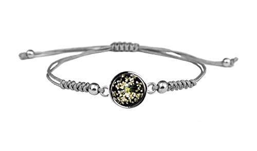 Miss Lovie ® Pulsera de mujer de tejido gris, pulsera con flor, pulsera para niña, pulsera plateada con cabujón de acero inoxidable, regalo para novias, Größenverstellbar, Acero inoxidable Cover