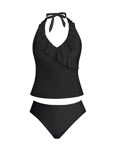 CUPSHE Women's Tankini Set Two Piece Swimsuit Ruffled Halter Low Back4