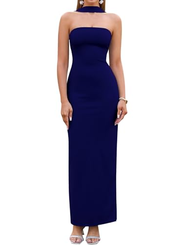 Image of HTZMO Women Elegant Summer Bodycon Maxi Dress Halter Neck Formal Wedding Guest Cocktail Party Long Dresses