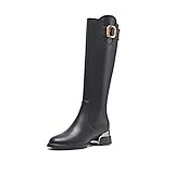 TinaCus Women's Round Toe Genuine Leather Handmade Side Zipper Low Chunky Heels Casual Knee High Boo