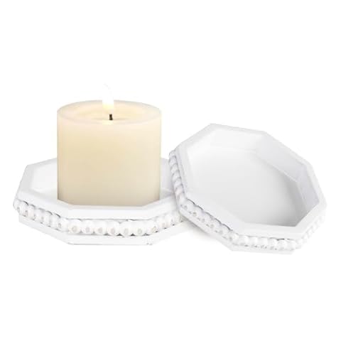 Candle Pedestal for Pillar Candle Set of 2, Rustic Round Wood Tray Beaded Risers, Farmhouse Wood Beaded Tray for Tiered Tray Candle, Mug Display Decorative, Table Centerpiece, Antique White Cover
