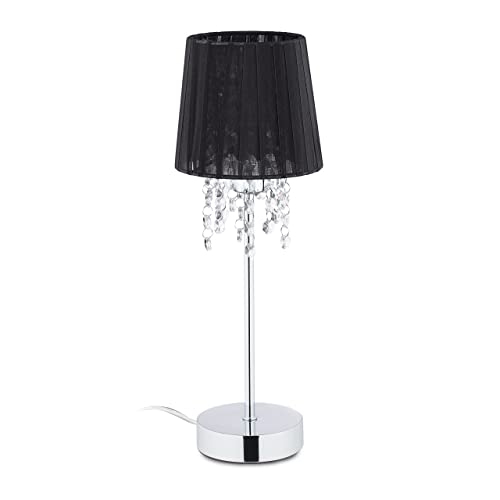 Relaxdays Lampe de Table, Abat-Jour en Organza, Pied Rond, Lampe de Chevet, H x D 41 x 14,5 cm, Noir/argenté