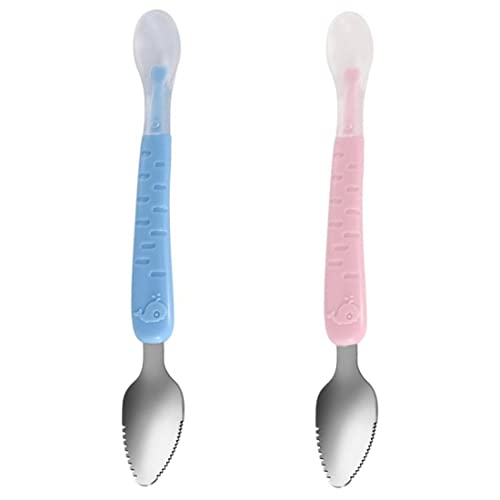 SHANHUHAI Cuchara de barro para raspar de doble cabeza de fruta para bebé, cuchara suave de silicona de acero inoxidable 304, 2 uds Cover