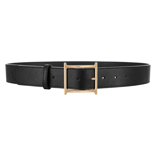 Women Leather Belt Ladies Retro Dresses Belt with Square Gold Buckle 1.5’’ Width
