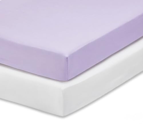 Image of Everyday Kids 2-Pack Fitted Crib Sheets, 100% Soft Breathable Microfiber Baby Sheet, Fits Standard Size Crib Mattress 28in x 52in, White Nursery Sheet and Lavender Nursery Sheet