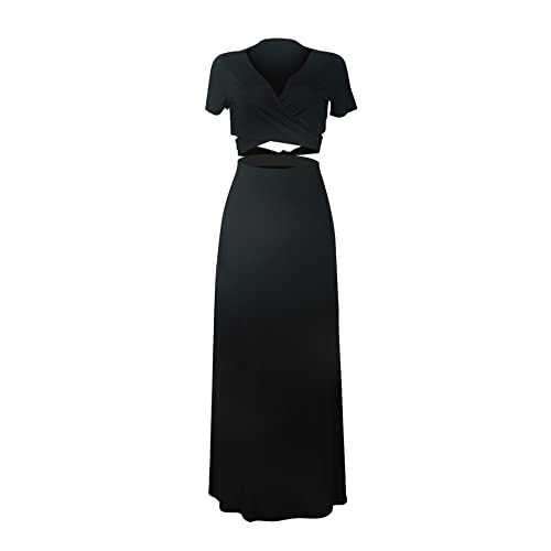 MESLIMA Two Piece Dress for Women Summer 2022-Solid Color Crop Top Set+Split Beach Party Maxi Dress S-Black