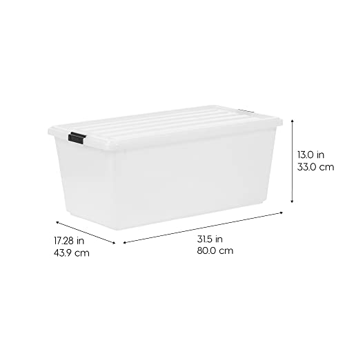 Image of IRIS USA 91 Qt Stackable Plastic Storage Bins with Lids, 4 Pack - BPA-Free, Discreet Organizing Solution, Latches, Durable Nestable Containers, Secure Pull Handle, Made in USA - Pearl