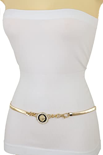 Women Fashion Wrap Around Belt Hip High Waist Gold Metal Elastic Band Lion Coin M L4