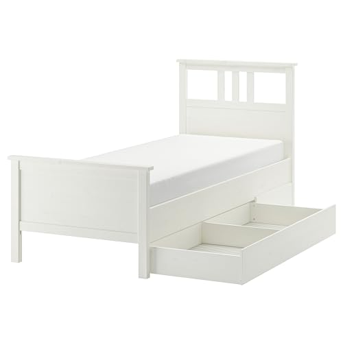 IKEA HEMNES Bed Frame with 2 Storage Boxes, 90x200 cm, White Stain/Lindbåden